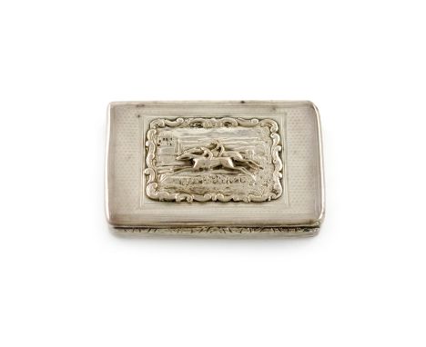 A George IV silver raised relief snuff box, by William Eaton, London 1825, rectangular form, the hinged cover with a racing s