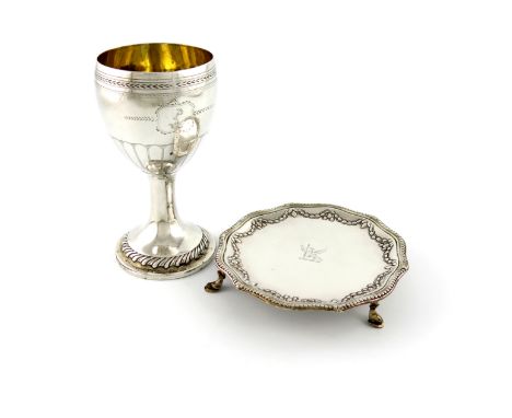 A George III Irish silver goblet, by John Laughlin, Dublin circa 1780, vase shaped bowl, engraved decoration, on a raised cir