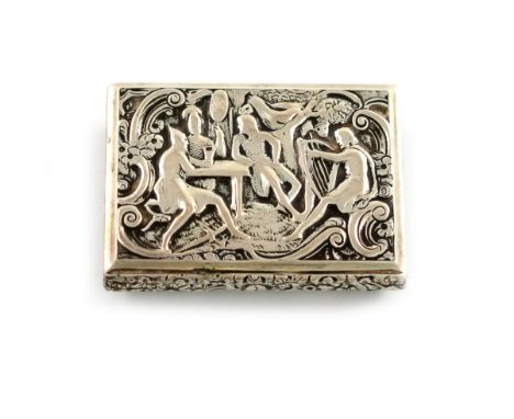 A George IV silver raised relief snuff box, by Thomas Shaw, Birmingham 1827, rectangular form, the hinged cover with a scene 
