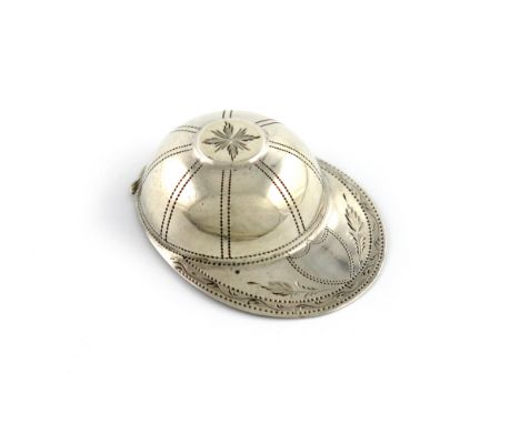A George III silver jockey cap caddy spoon, by Joseph Taylor, Birmingham 1799, engraved decoration, the peak engraved with a 