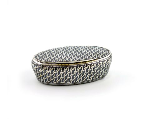 A 19th century French silver and niello work snuff box, maker's mark of L.B in a lozenge, oval form, the cover, tapering side
