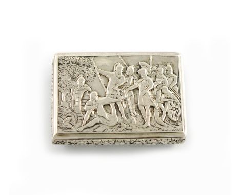 A George IV silver raised relief snuff box, by Thomas Shaw, Birmingham 1827, rectangular form, the hinged cover with a scene 