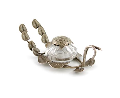 An early-Victorian naturalistic silver inkstand, by Joseph Willmore, Birmingham 1839, of branch and lotus leaf form, with a s