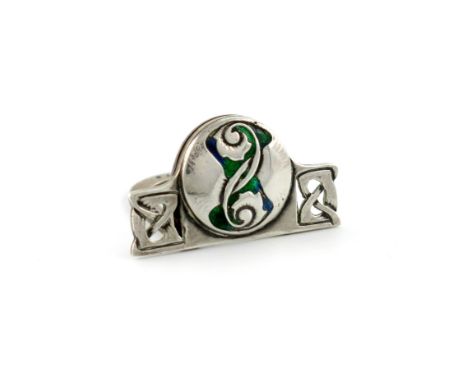 An Edwardian Art Nouveau silver and enamel menu card holder, by Liberty and Co., Birmingham 1906, also with a registration nu