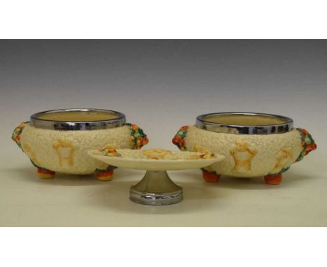 Clarice Cliff - Two bowls and a cakestand in 'Celtic Harvest' pattern, 25cm diameter and smaller