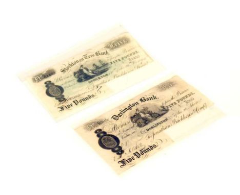 Darlington Bank Five Pound banknote, (Jonathan Backhouse Bank), dated 1895, and a Stockton on Tees Bank Five Pound banknote (