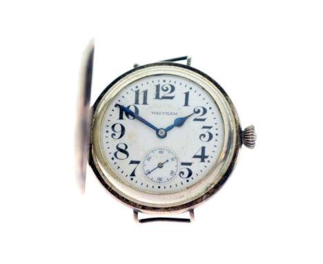 Waltham - Sterling silver half-hunter type transitional wristwatch, hinged cover with blue enamel Arabic numerals, enclosing 