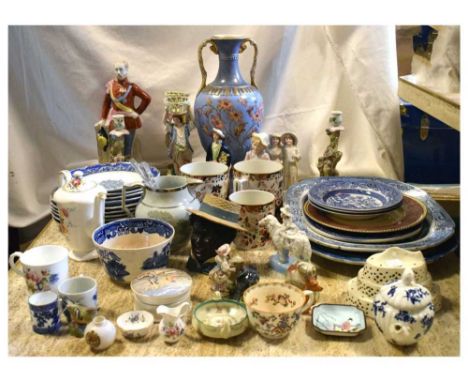 Quantity of ceramics to include to include Worcester blue and white teapot, lustre jug, Staffordshire figures, etc