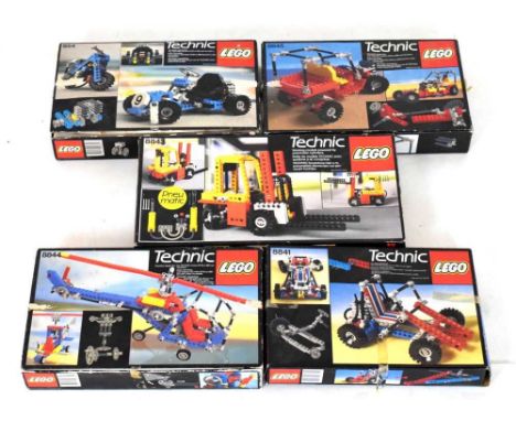 Lego Technic sets, comprising 854 Racing Car, 8844 Helicopter, 8843 Forklift Truck, 8845 and 8841,Contents unchecked, sold as