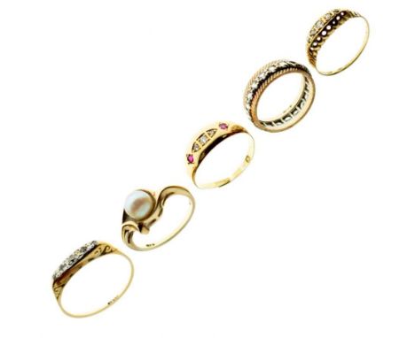 Five various dress rings, including a 9ct gold ring set a cultured pearl, size N, an eternity ring stamped '9ct', and three u