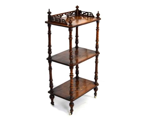 Victorian two-tier inlaid walnut what-not with pierced three-quarter top raised on ceramic castors, 55 x 35 x 107cm