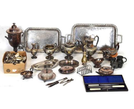 Quantity of silver-plated items to include Elkington twin handled Hydrostatic Percolator, 39cm high, flatware, tea-set, etc