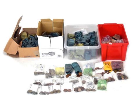 Large quantity of GB coinage, over 80 small bags of 20th Century base metal coins, including first half 20th Century 1/2d to 