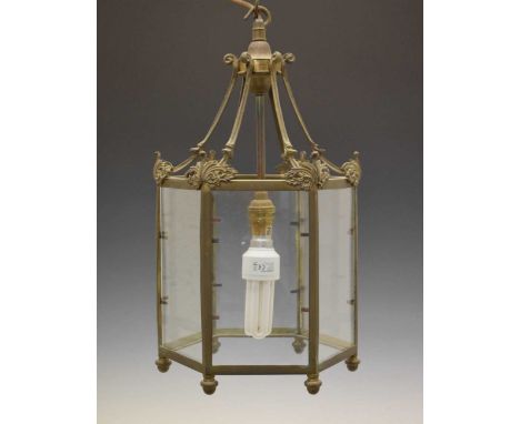 Gilt metal and glazed hexagonal single light hall lantern, 40cm high approx.