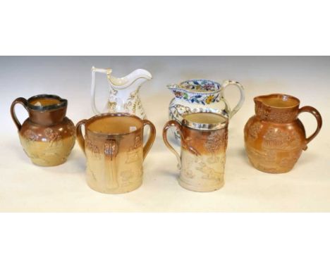 Collection of 19th Century saltglaze sprigged wares, ceramic jugs, etc., 18cm high and smaller