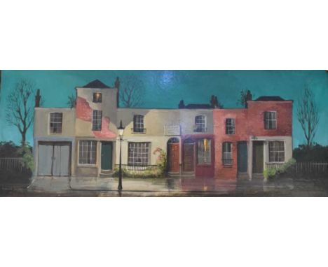 Deborah Jones (1921-2012) - Oil on board - S.A.Butt Chimney Sweep street scene, signed lower left, 30cm x 75cm, framed