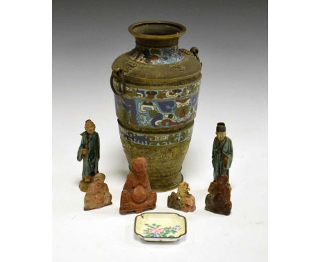 Group of Chinese works of art, comprising a champleve enamel vase of archaistic type, 29.5cm high, four carved soapstone figu