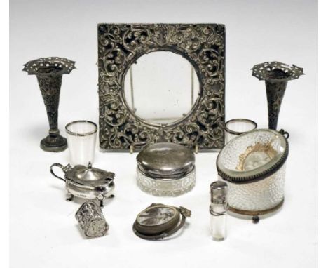 Small group of silver and objects of vertu, to include pair of ribbed glass match pots with silver rims, Contiental heart-sha