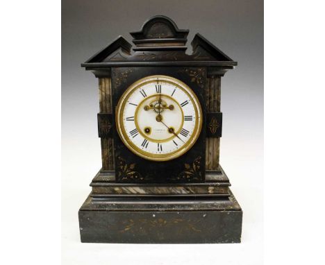 Late 19th Century French black slate mantel clock, 5.5-inch white Roman chapter ring framing visible Brocot escapement, two-t