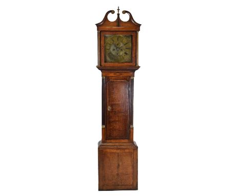 Early George III oak-cased 8-day brass dial longcase clock, unsigned 12-inch dial with Roman hours and Arabic minutes, inner 