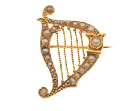 Yellow metal seed pearl harp brooch, stamped 'SS18', 2cm wide approx, 3.7g gross approx