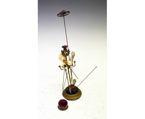 Collection of hat pins, the Horner-style stand with thistle finial, two Victorian gilt knotwork pins and five pearl effect, e