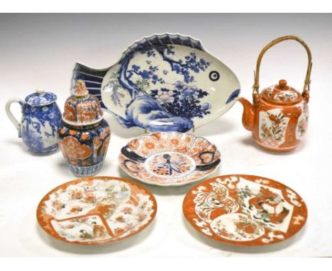 Assorted Japanese ceramics, comprising a 19th Century jar and cover, lobed dish, Kutani teapot and two plates, large fish dis