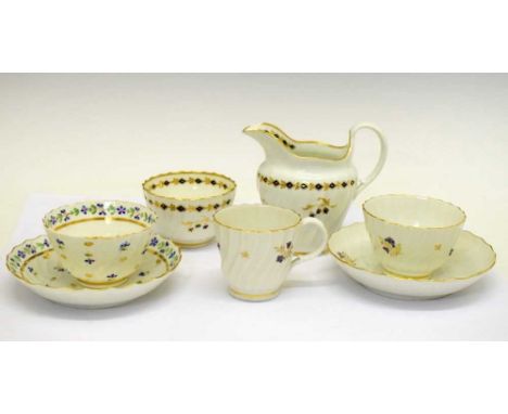 Flight Worcester spiral-fluted jug and teabowl, plus a sprig-decorated and spirally-fluted trio, and a further similiar 'Chan