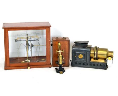 R&amp;J Beck Ltd, London, microscope cased, an Atent magic lantern projector and a cased precision balance scales