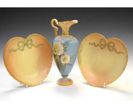 Grainger Worcester reticulated ewer, painted with floral decoration on a blue ground, and pair of Royal Worcester blush ivory