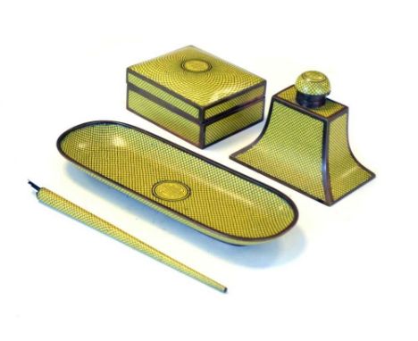 Early 20th Century Chinese yellow cloisonne enamel desk set, comprising inkwell, box, pen tray and pen, 9cm high and smaller