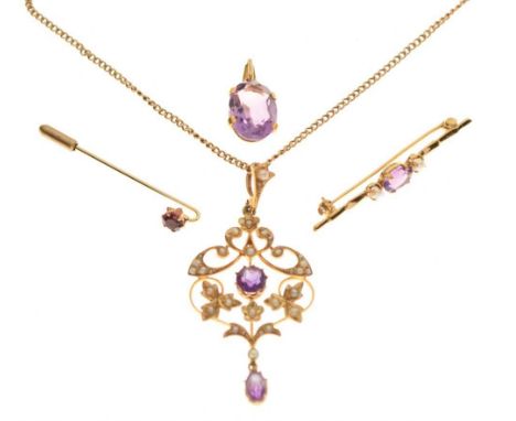 Edwardian seed pearl and amethyst set pendant and curb chain, both indistinctly stamped, together with a 9ct gold bar brooch,