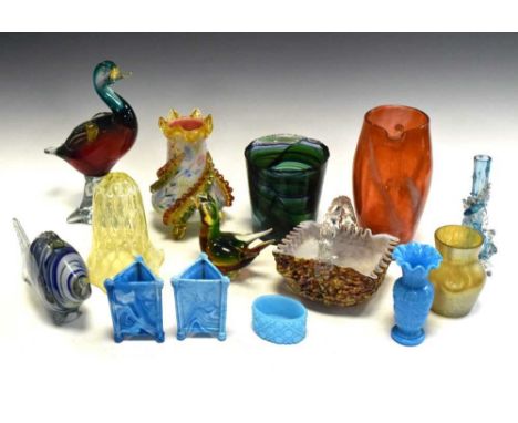 Large selection of coloured glassware, to include 'vaseline' glass bell-shaped light shade, Venetian glass baskets and animal