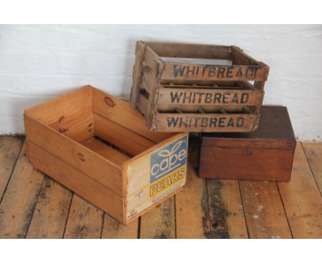 A Whitbread vintage bottle crate, 39cm, with another crate and a 19th century mahogany box (3)