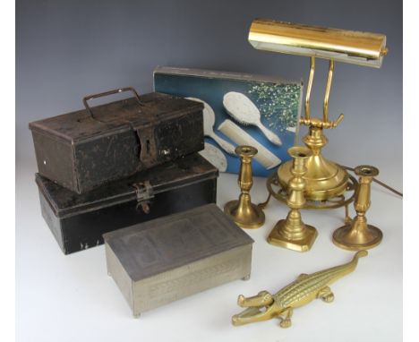 A collection of metal wares, to include a pewter box, two tin strong boxes, a desk lamp, pair of candlesticks etc (Qty)