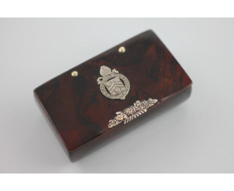 A lacquered papier mache snuff box, early 19th century, the simulated burr walnut box with applied Winchester College arms, 8