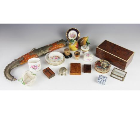 A 19th century burr walnut snuff box, 8cm, a smaller tortoiseshell box, an amboyna cigarette box, a metal mounted simulated t