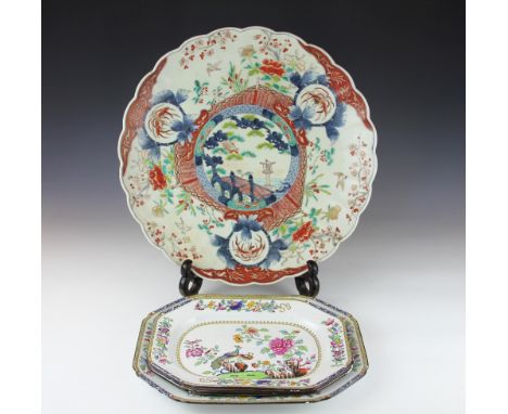 Three Copeland Spode Chinoiserie meat plates, decorated with pheasants and peonies, with a Japanese Imari charger, (as found)