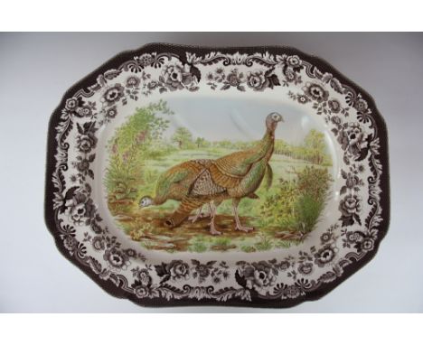 A Spode meat plate, Woodland series depicting turkeys, 52cm wide