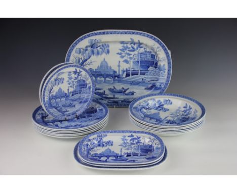 A quantity of Spode 'Tiber' pattern plates, comprising two large meat plates, 38cm wide, a smaller meat plate, 26.5cm wide, t