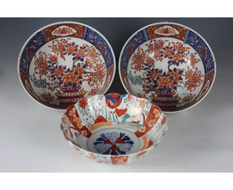 A pair of Japanese Imari bowls, 25cm, and another Imari bowl (3)