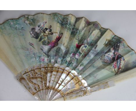 A 19th century mother of pearl fan, the panel painted with scenes of Spanish dancers in a cafe and lovers at a balcony, guard