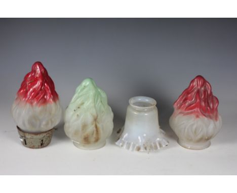 A pair of 1920's/30's frosted and red glass 'flame' shaped lamp shades, one with metal fitting, a similar green and frosted g