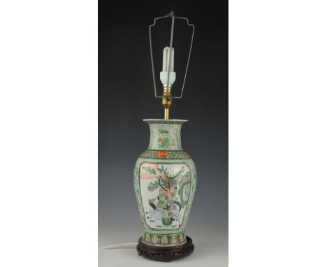 A late 20th century Chinese famille vert baluster vase lamp, 38cm