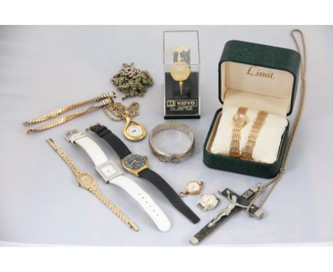 A silver curb link watch Albert, a plated Albert, a silver bangle, Kienzle Markant automatic wrist watch and other watches (a