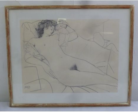 A Picasso framed and glazed monochromatic limited edition Giclee print of a recumbent nude, blind stamp bottom right, 33 x 43