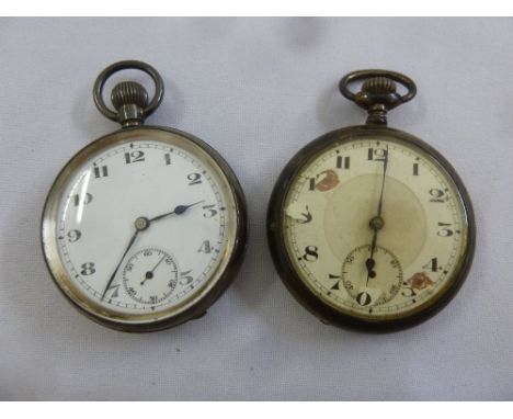 Two silver open face pocket watches, enamel dials and Arabic numerals, A/F