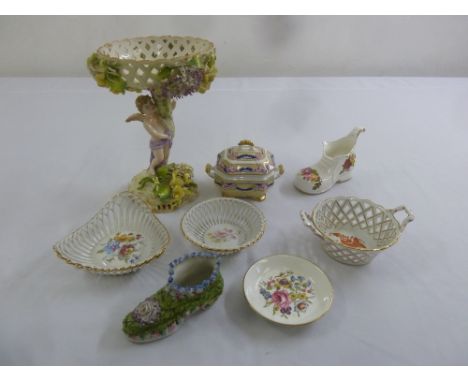 A quantity of porcelain to include a German comport on a figural stand, and variety of dishes by Worcester, Spode and Herend 