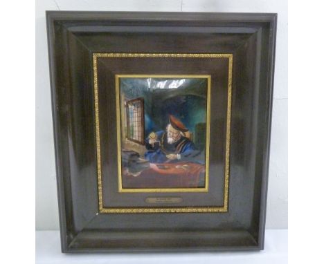 A framed polychromatic Limoges enamel of a gentleman weighing gold, titled Le Paseur D'Or after a painting by S Konick, signe