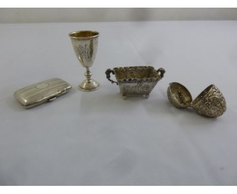 A quantity of silver and white metal to include a cigarette case, a Kiddush cup, a bonbon dish in the form of a trough and a 